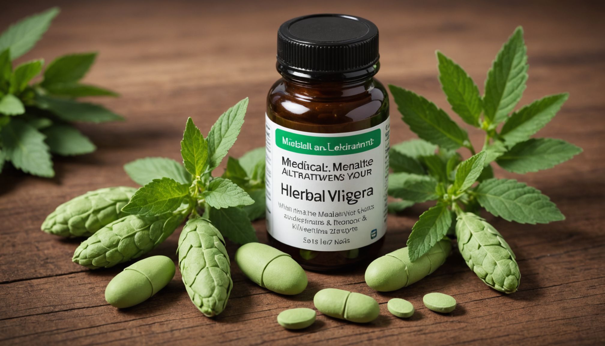 Natural supplements and lifestyle approaches often discussed as herbal Viagra alternatives, shown with plants, capsules, and a doctor consultation setting